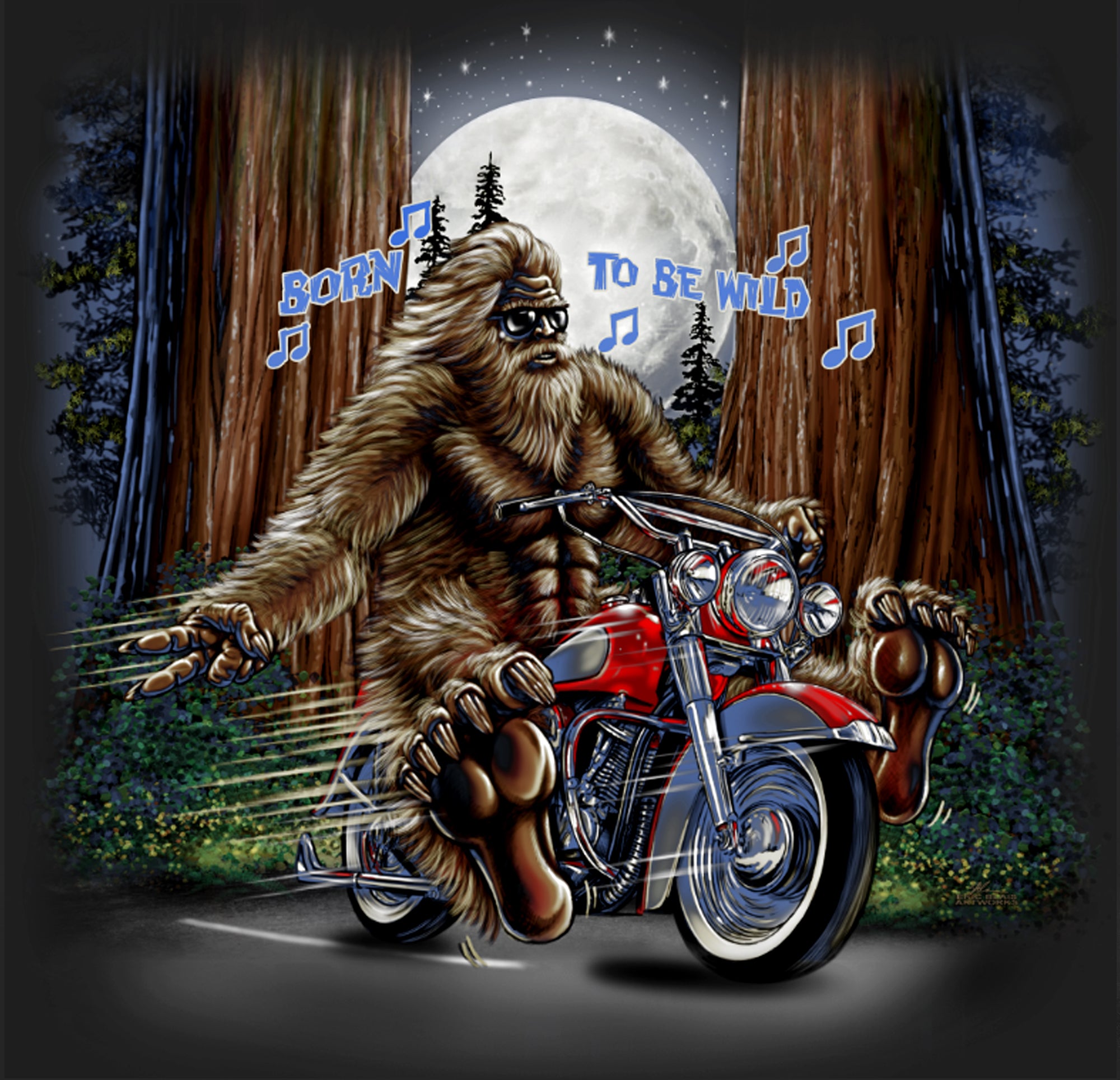 Adult Sassy Biker T-Shirt (Sasquatch on motorcycle)
