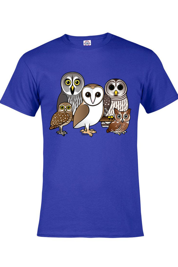5 owls T-Shirt - royal or purple youth t-shirt with 5 owls art