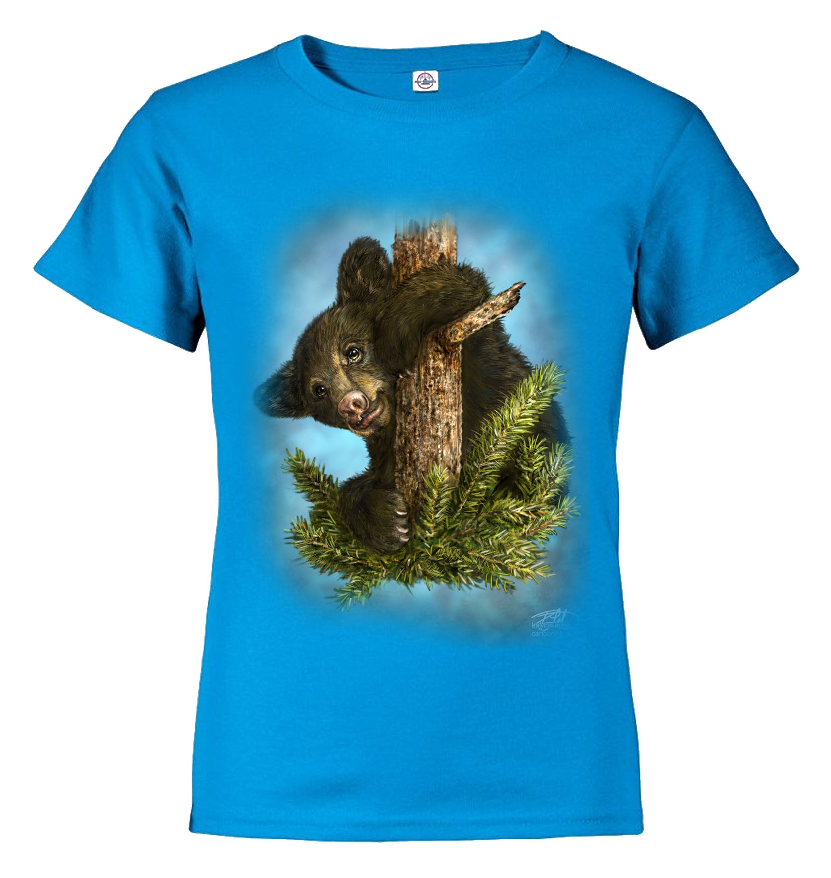 Baby Gruff design by Patrick Lamontagne of baby bear cub up an evergreen tree on turquoise child t-shirt