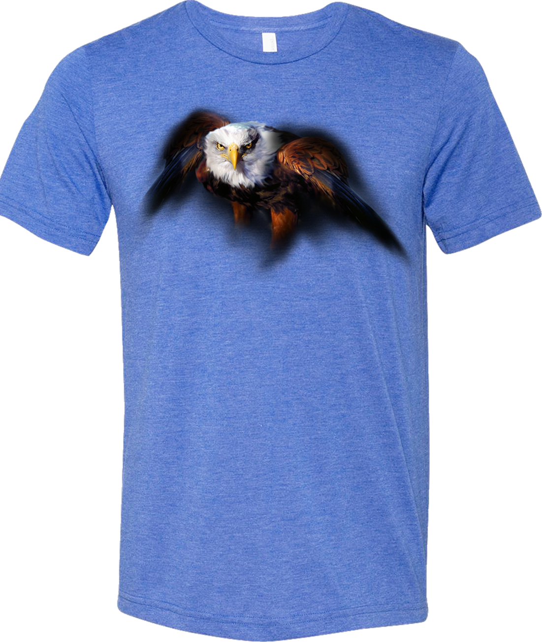 Bald Eagle Guardian T-shirt- Painting of eagle flying by Robert Campbell printed on a heather royal t-shirt