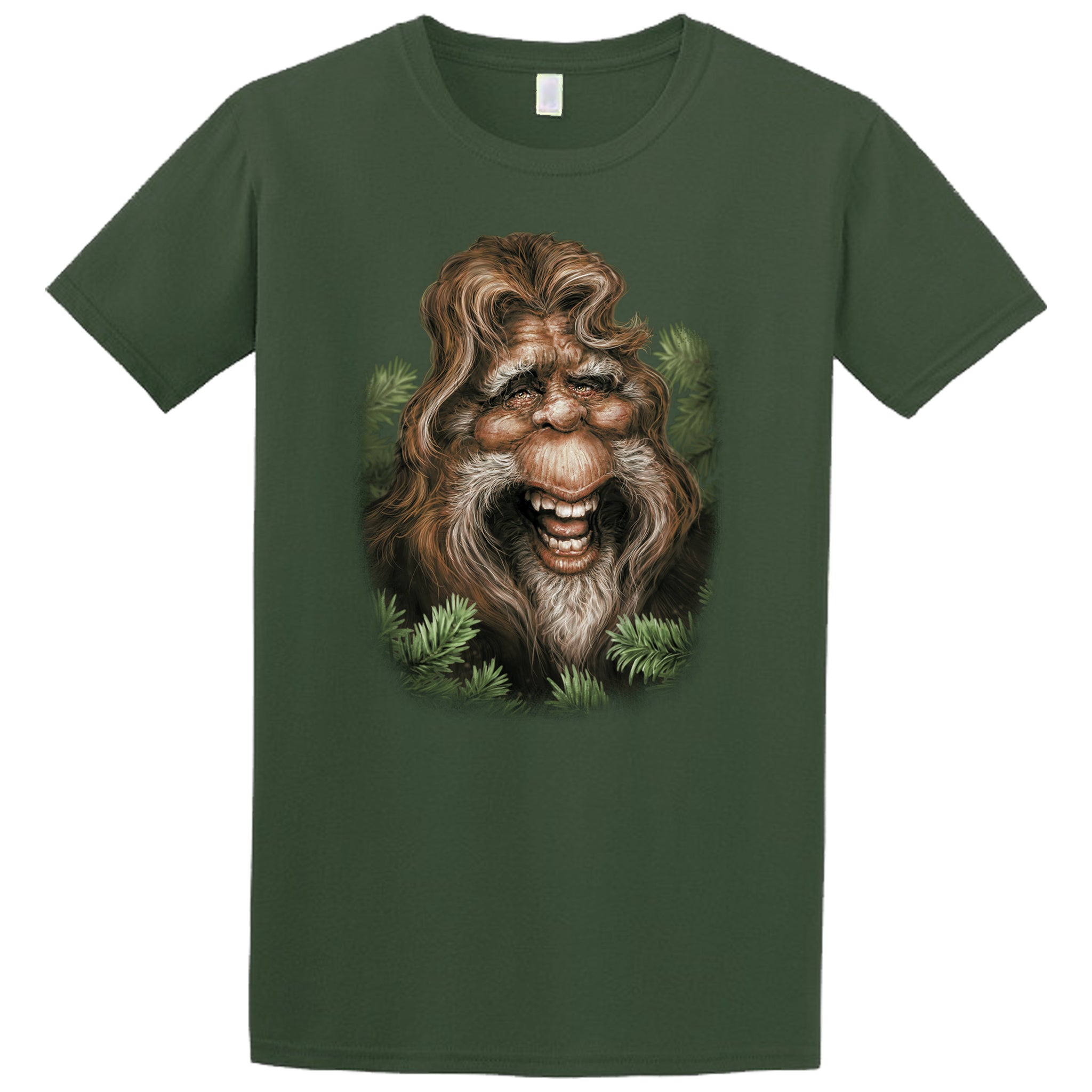 Bigfoot Bob T-shirt- military green t-shirt printed with image of friendly Sasquatch by Canadian artist Patrick LaMontagne