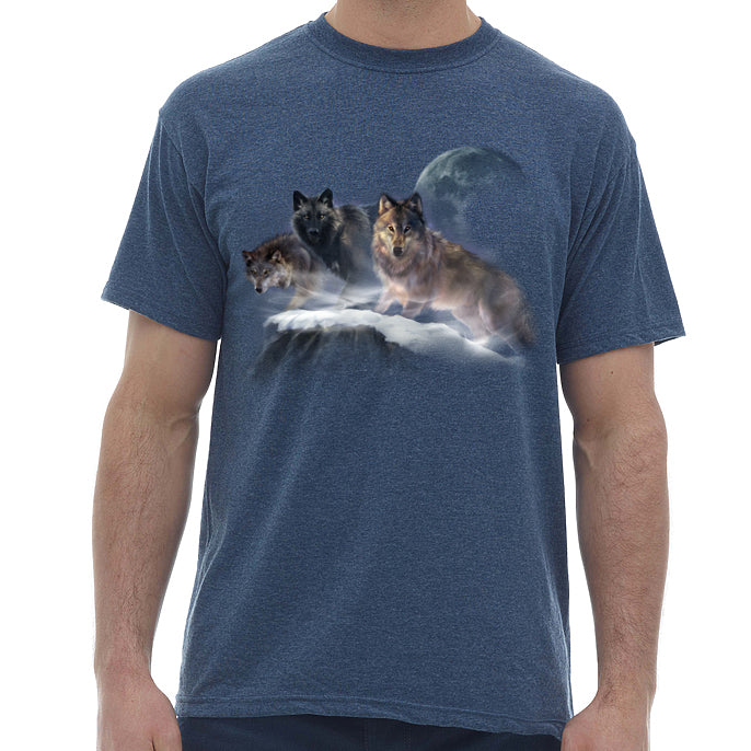 Cliffhangers T-shirt - navy heather T-shirt with 3 wolves standing on a cliff by nature artist Robert Campbell