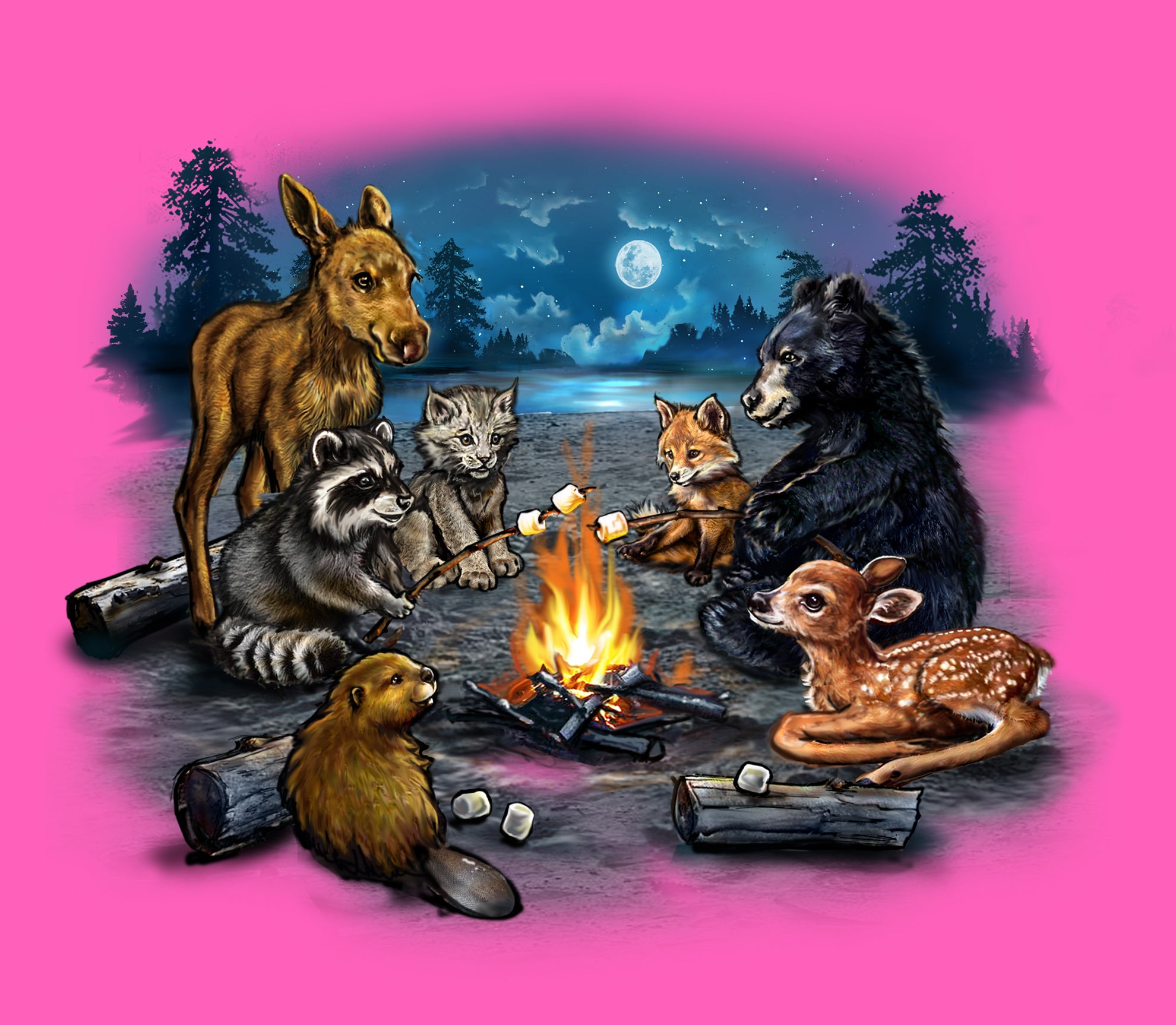Campfire Critters by Tami Alba - Painting of baby animals toasting marshmallows around a campfire