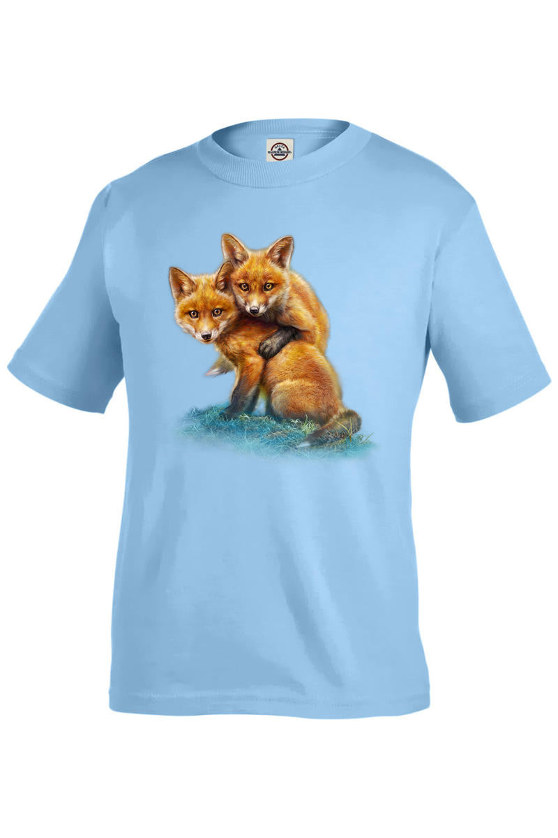 Fox Kits by Tami Alba- Artwork of two your foxes on sky blue t-shirt