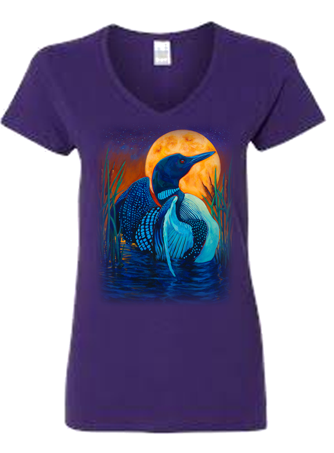 Women's Full Moon Loon t-shirt- women's purple t-shirt with loon nature art
