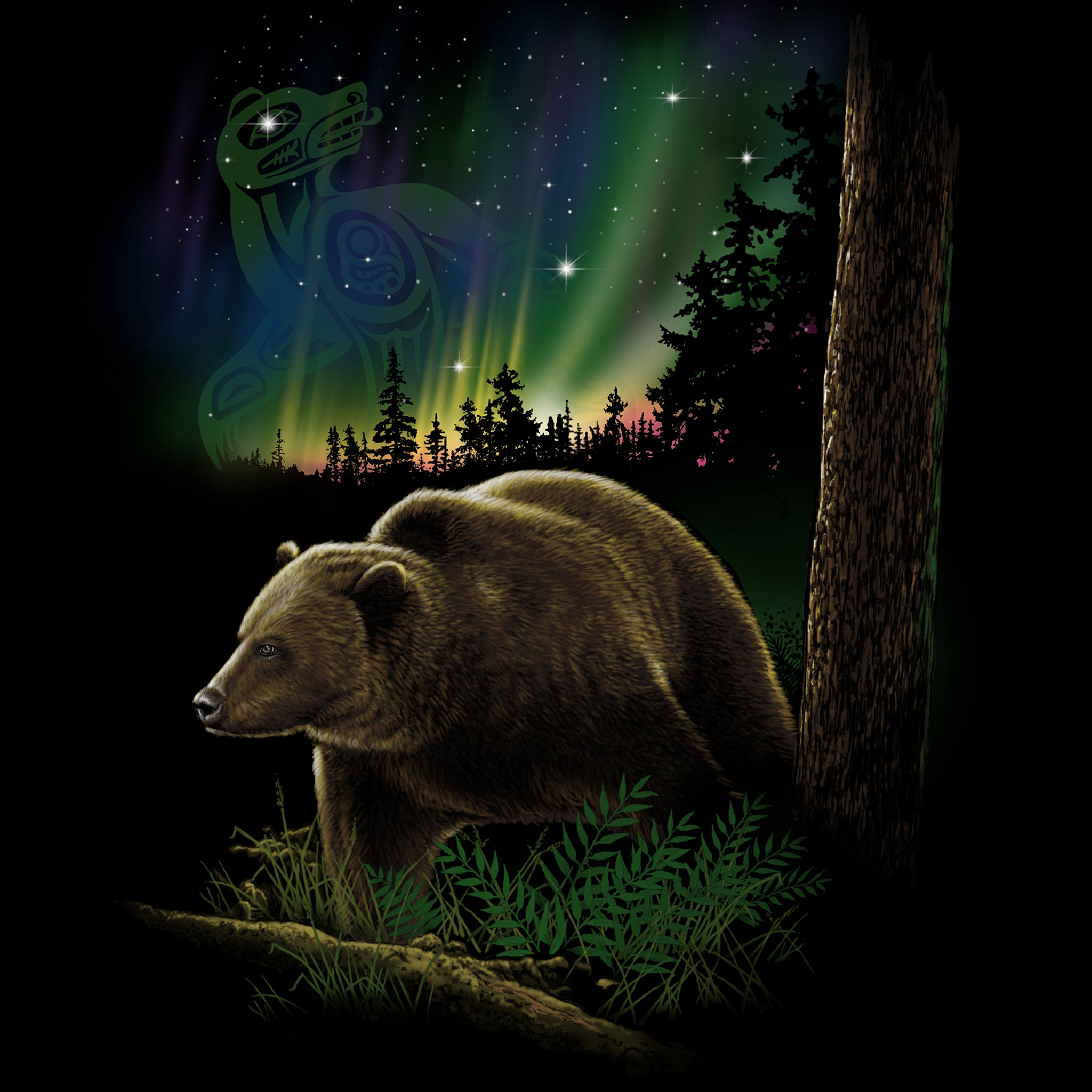 Native Grizzly by Eric Blais - painting of a grizzly bear in the woods with Northern Lights and native symbol