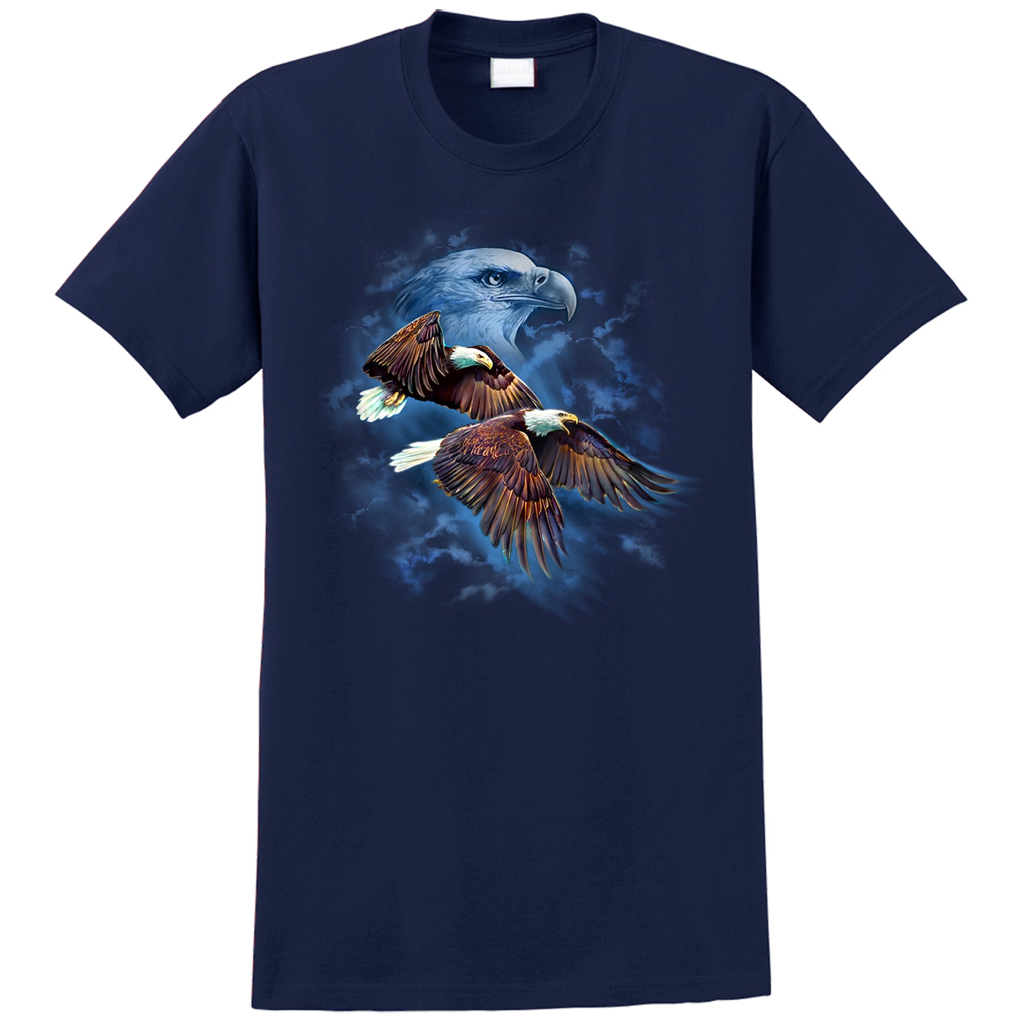Flying eagles with eagle portrait in the background on 100% cotton adult navy T-shirt.
