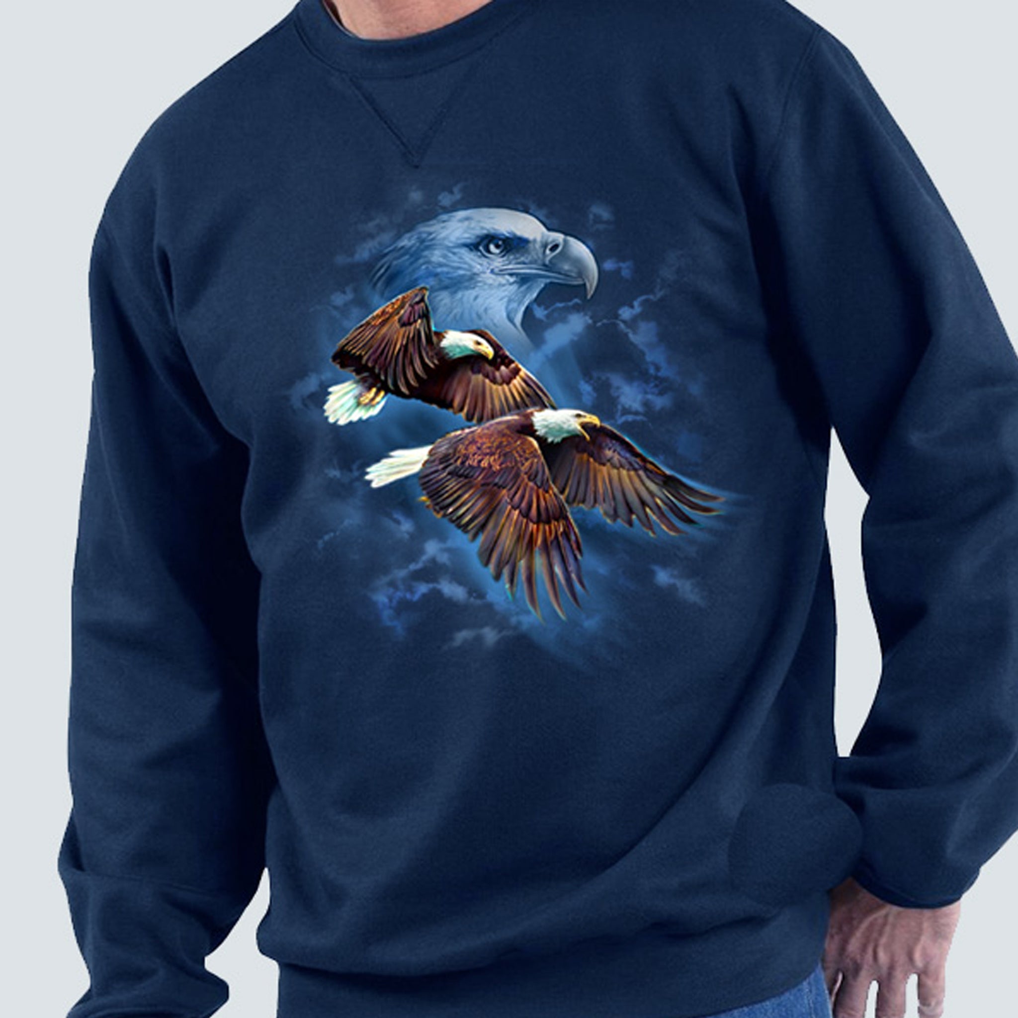 Night Flyers Crew Neck Sweatshirt - navy crew neck sweatshirt with eagle art by artist Tami Alba