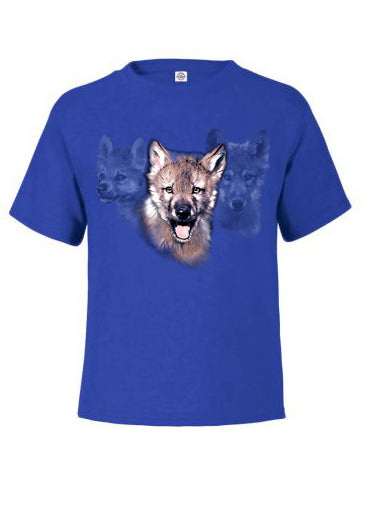 Pup Trilogy T-Shirt - royal blue t-shirt with wolf art by Robert Campbell