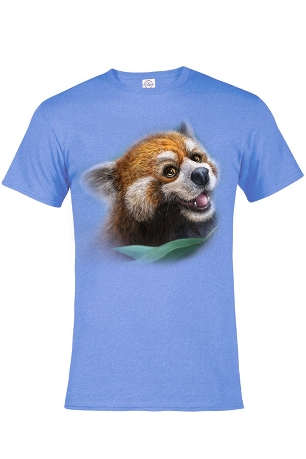 Red Panda Totem T-Shirt -light blue heather t-shirt with red panda art by Canadian nature artist Patrick LaMontagne