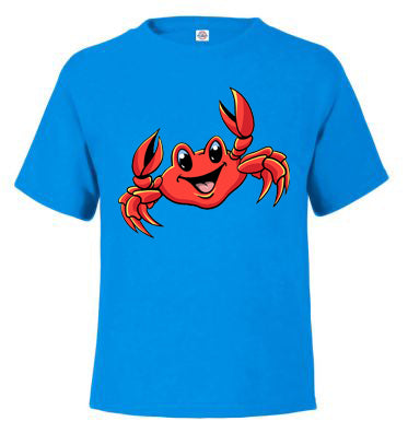 Smiley Crab Child T-shirt- Turquoise t-shirt with smiley cartoon crab art