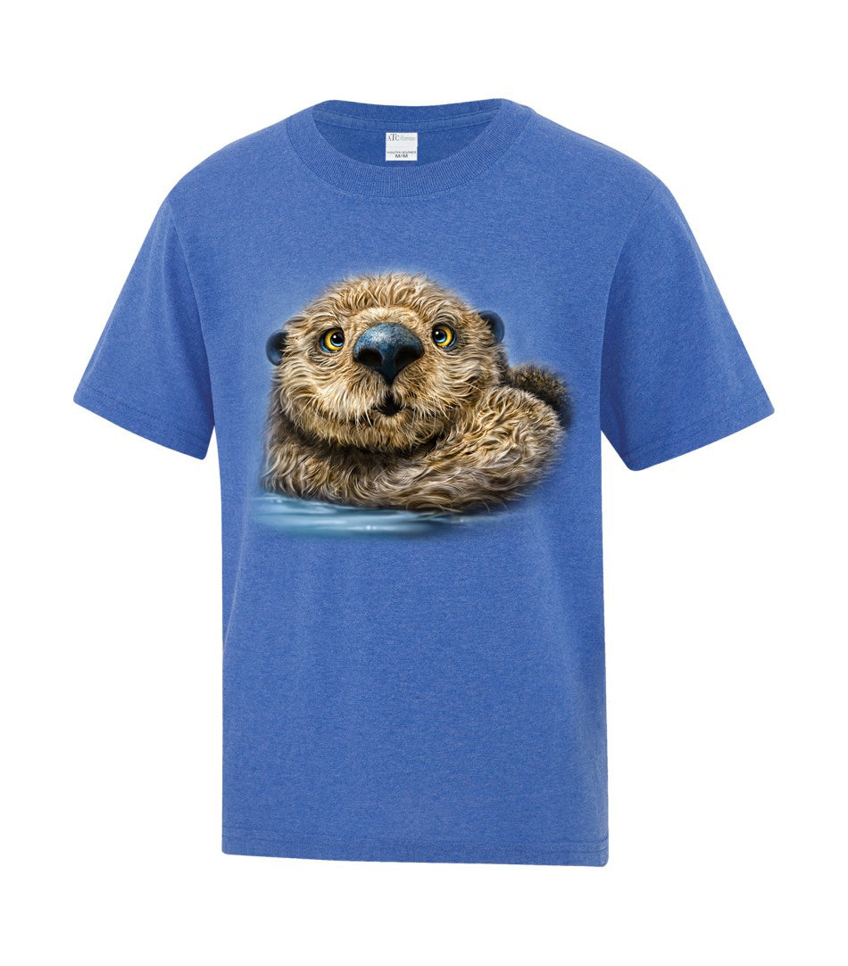 Otter Totem T-Shirt - light blue heather t-shirt with otter art by Canadian nature artist Patrick LaMontagne