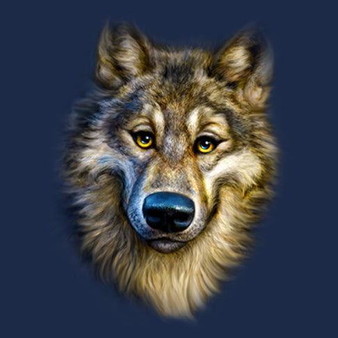Wolf Totem by Patrick LaMontagne - painting of a humanized wolf face smiling