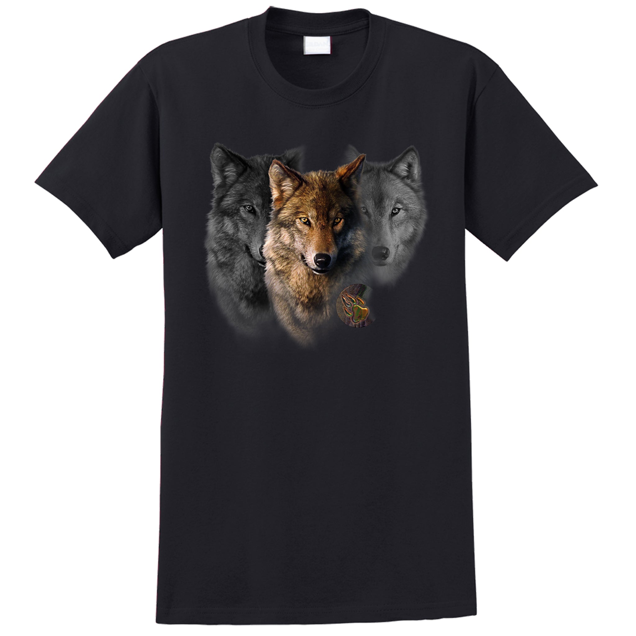 Wolf Trilogy T-Shirt - black t-shirt with 3 wolf heads by Robert Campbell