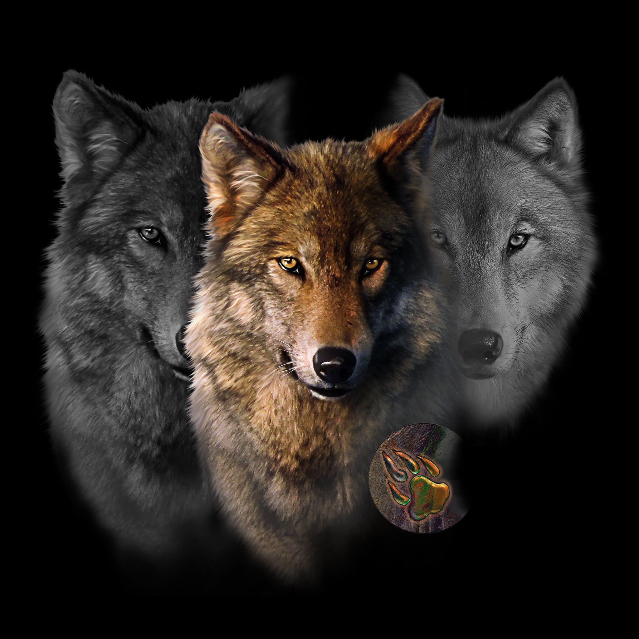 Wolf Trilogy by Robert Campbell -  Painting of three wolf heads with paw imprint 