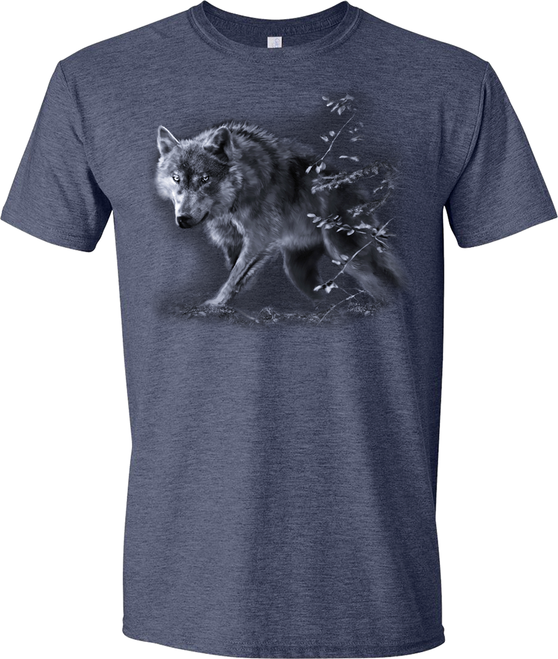 Wolf on the Prowl T-shirt - heather navy T-shirt with prowling wolf by Robert Campbell