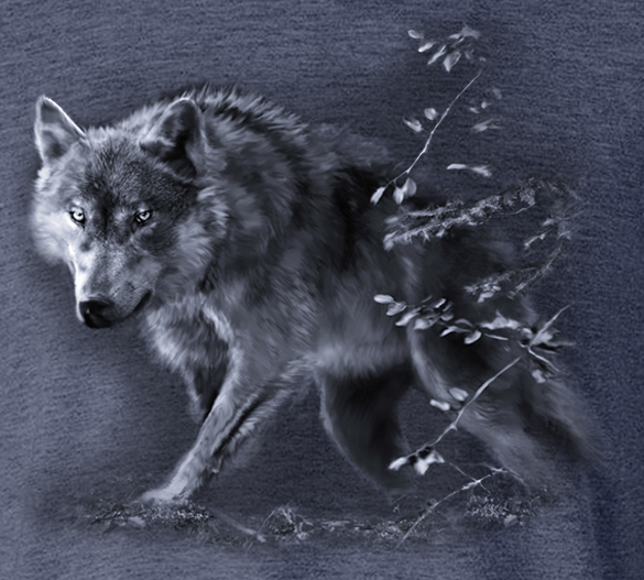 Wolf on the Prowl by Robert Campbell - painting of wolf coming through trees