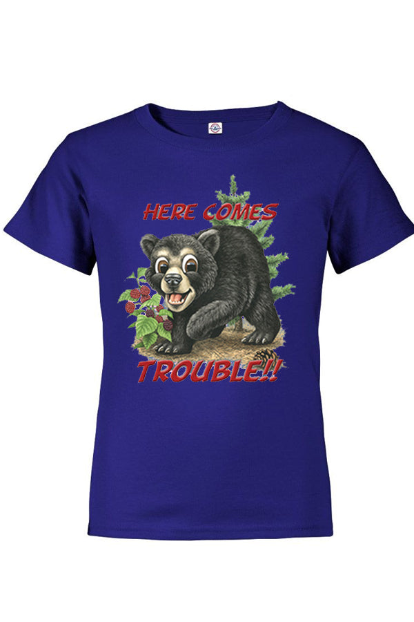 Bear Trouble T-Shirt - royal or purple t-shirt with bear cub art