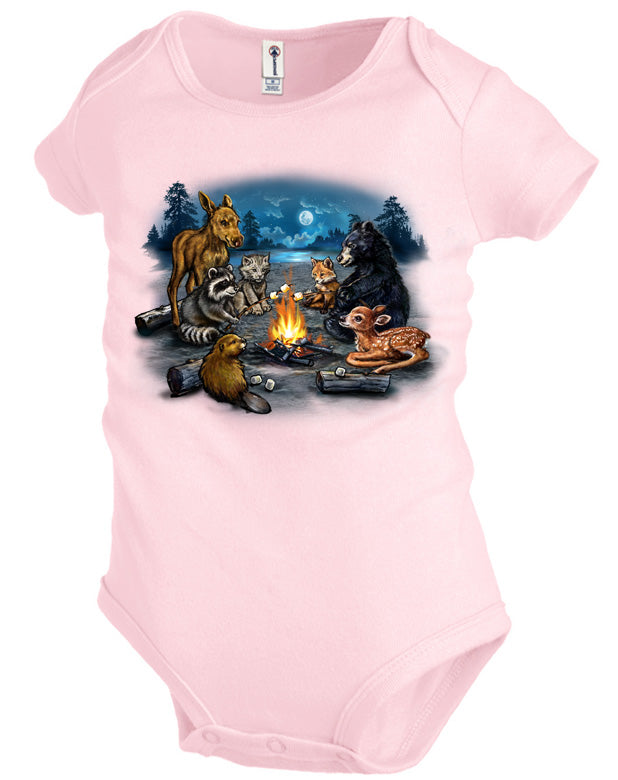 "Campfire Critters T-Shirt -turquoise or pink t-shirt with baby animal art by artist Tami Alba"