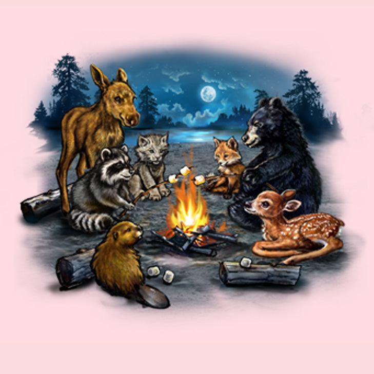 Campfire Critters by Tami Alba - Painting of baby animals toasting marshmallows around a campfire"