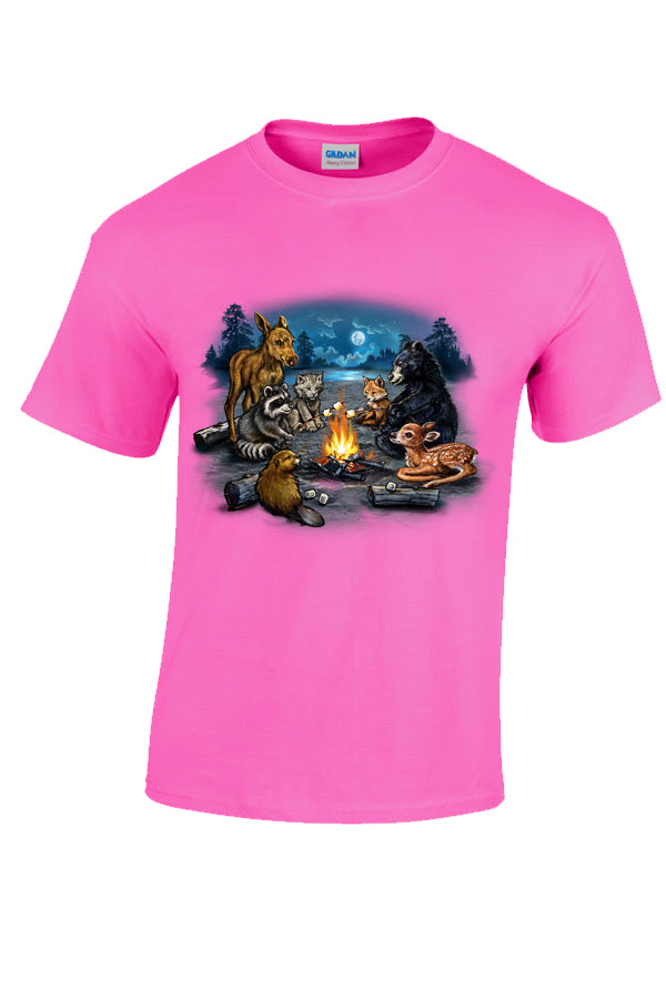 Campfire Critters T-Shirt - navy or hot pink t-shirt with baby animal art by artist Tami Alba