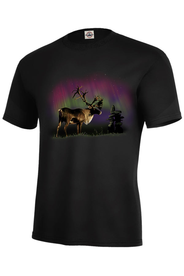 Inukshuk Caribou T-Shirt - black t-shirt with caribou, Inukshuk and northern lights by Canadian artist Eric Blais