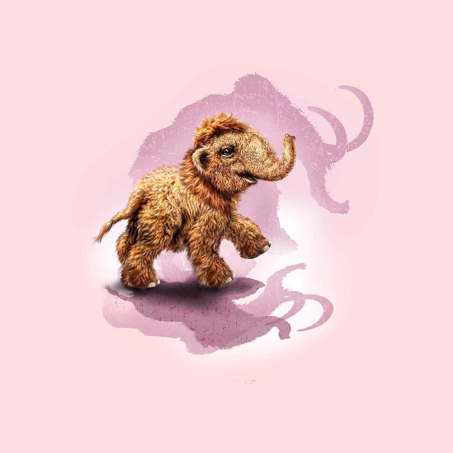 Little Mighty Mammoth - painting of baby mammoth wth it's mother's shadow in the background