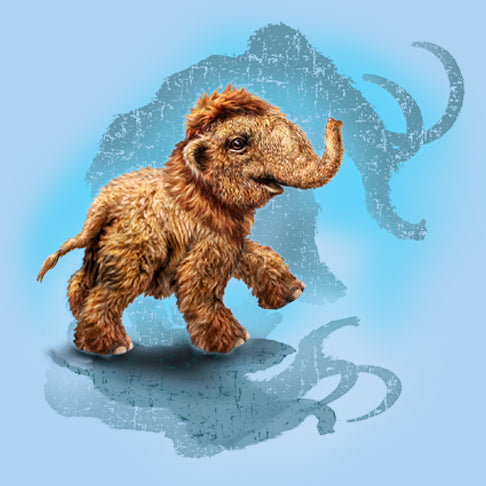 Little Mighty Mammoth - painting of baby mammoth wth it's mother's shadow in the background