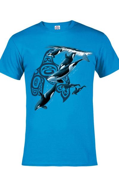 Native Orca's Diving T-Shirt - harbour blue or sapphire t-shirt with whale art by artist Eric Blais