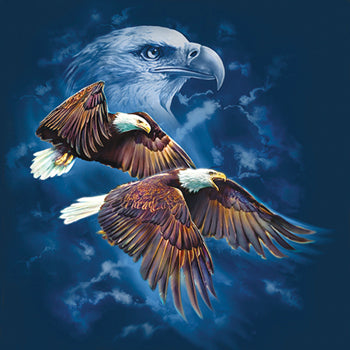 Night Flyers by Tami Alba - painting of eagles flying with eagle portrait in the background