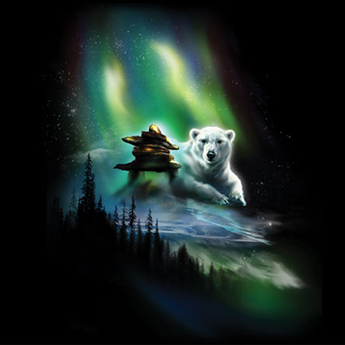 Polar Lights by Tami Alba - painting of polar bear with inukshuk and Northern Lights