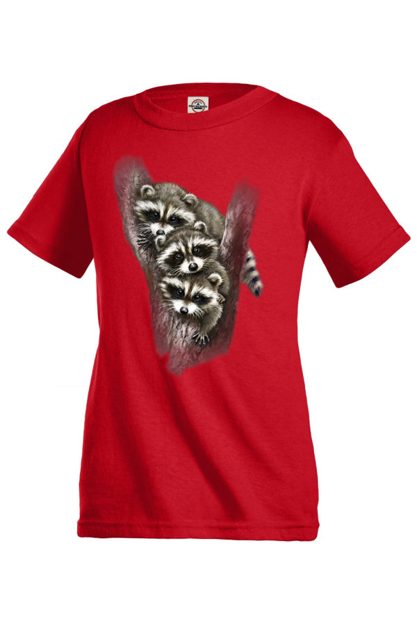 Racoon Cubs T-Shirt - red t-shirt with racoon art by artist Tami Alba