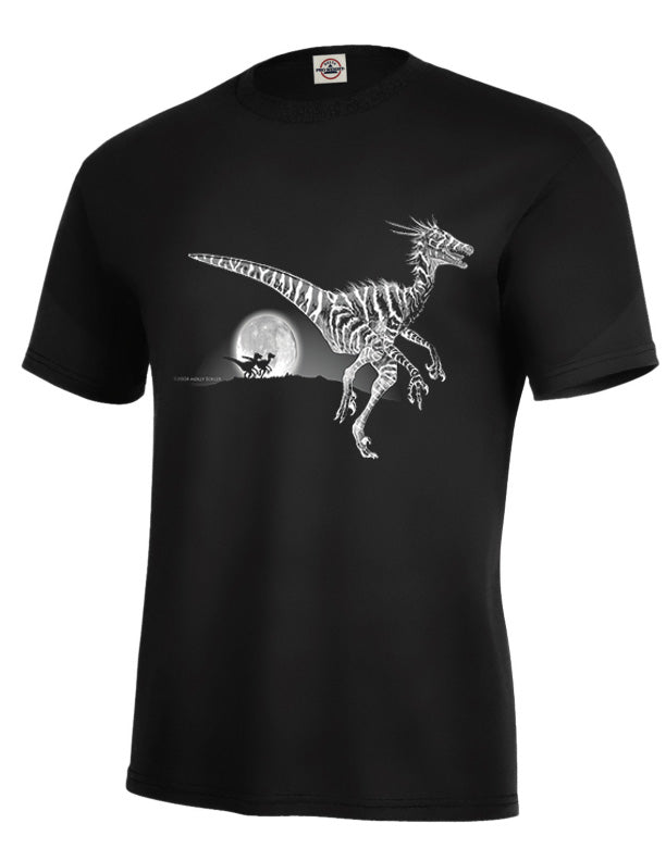 Raptor dinosaur that glows in the dark on 100% cotton adult black T-shirt.