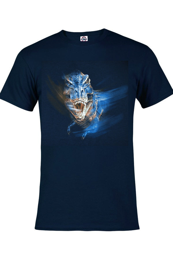 The Real Deal T-Shirt - black and navy t-shirt with t-rex dinosaur art by artist Robert Campbell