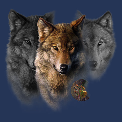 Wolf Trilogy by Robert Campbell - Painting of three wolf heads with paw imprint