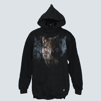 Wolf Trilogy Hooded Sweatshirt - black hooded sweatshirt with 3 wolf heads by Robert Campbell