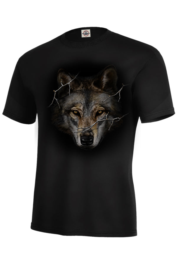 Wolf Prowl T-shirt -black T-shirt with large wolf head  by Canadian nature artist Eric Blais