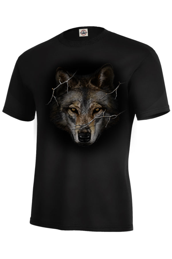 Wolf Prowl T-shirt -black T-shirt with large wolf head by Canadian nature artist Eric Blais