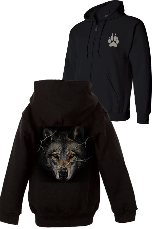 Wolf Prowl Full Zip Sweatshirt - black full zip sweatshirt with large wolf head  by Canadian nature artist Eric Blais