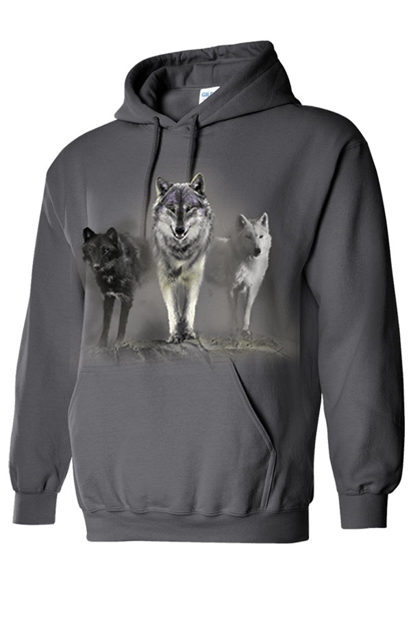 Wolf Tribute Hooded Sweatshirt - charcoal hooded sweatshirt with wolf art by artist Robert Campbell