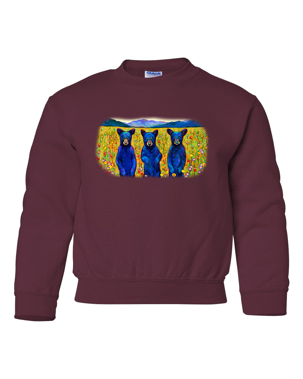 Youth Bears of feather on a maroon crewneck sweatshirt