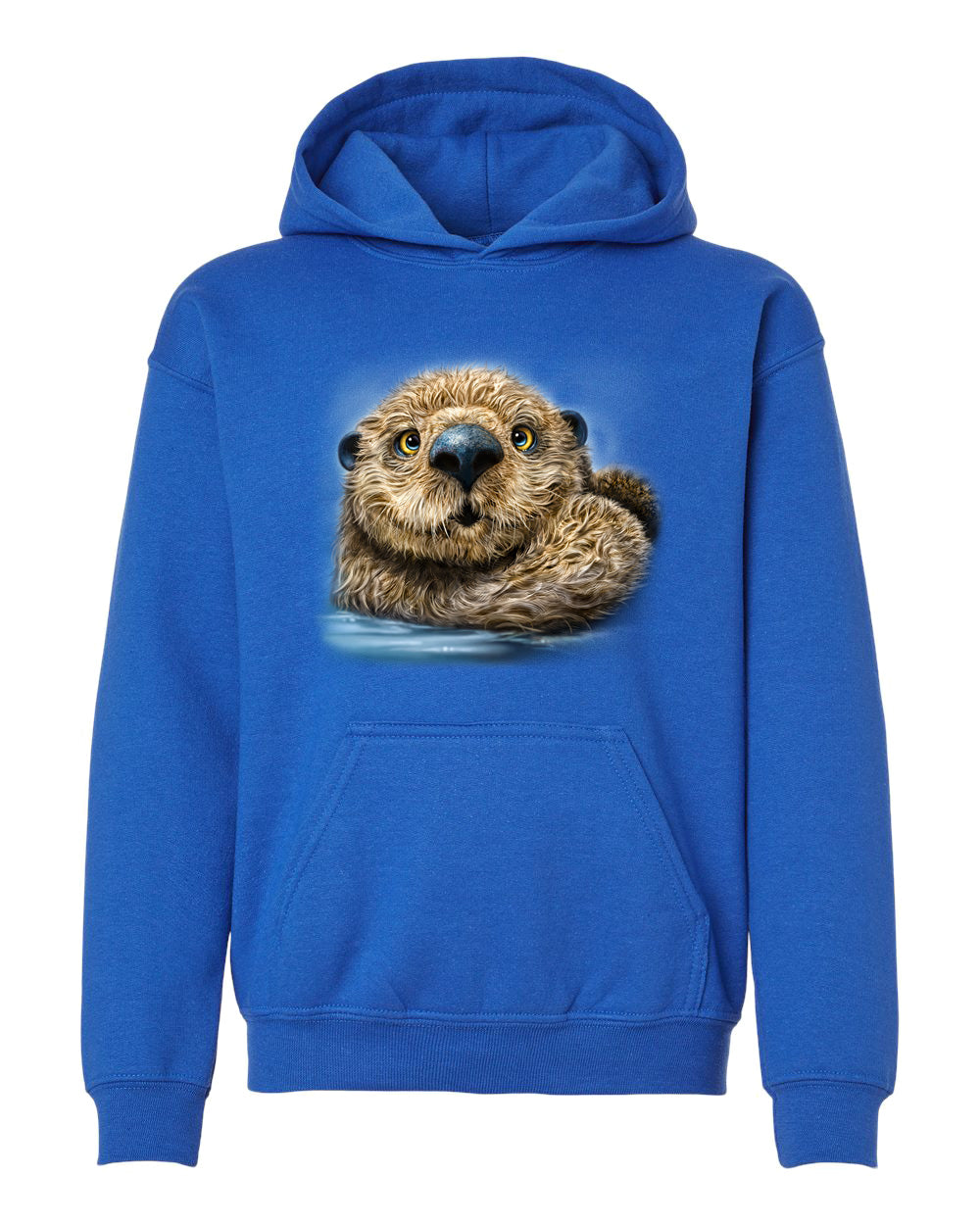 Youth Otter on a royal hooded sweat.