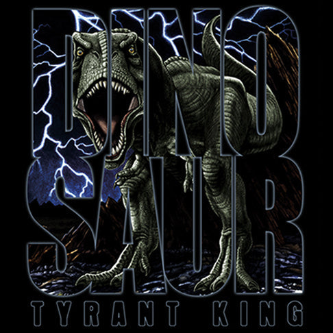 Tyrant King - painting of a threatening T-Rex with lightning bolts