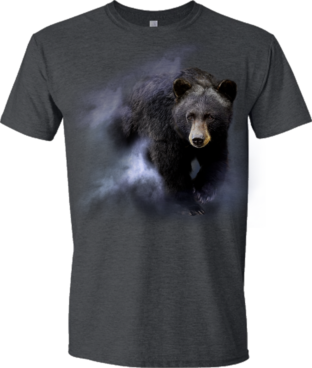 Black Bear in the Mist T-shirt- Charcoal heater t-shirt printed with black bear art by Robert Campbell