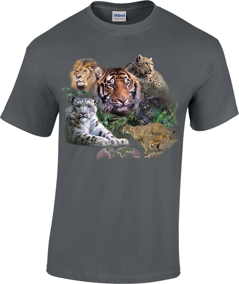 Big Cats T-shirt- T-shirt printed with design feature large exotic cats including lion, tiger, cheetah and panther