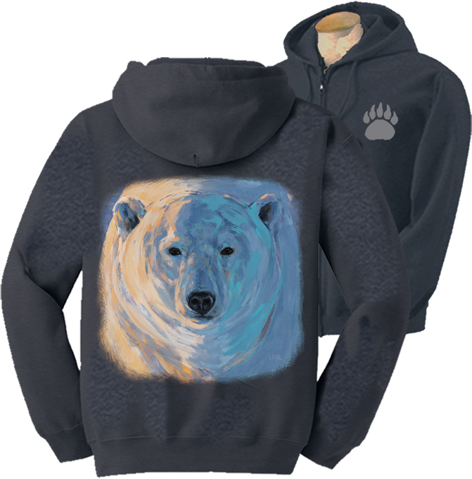 Big White Full Zip Sweatshirt with artwork of polar bear head by Kari Lehr