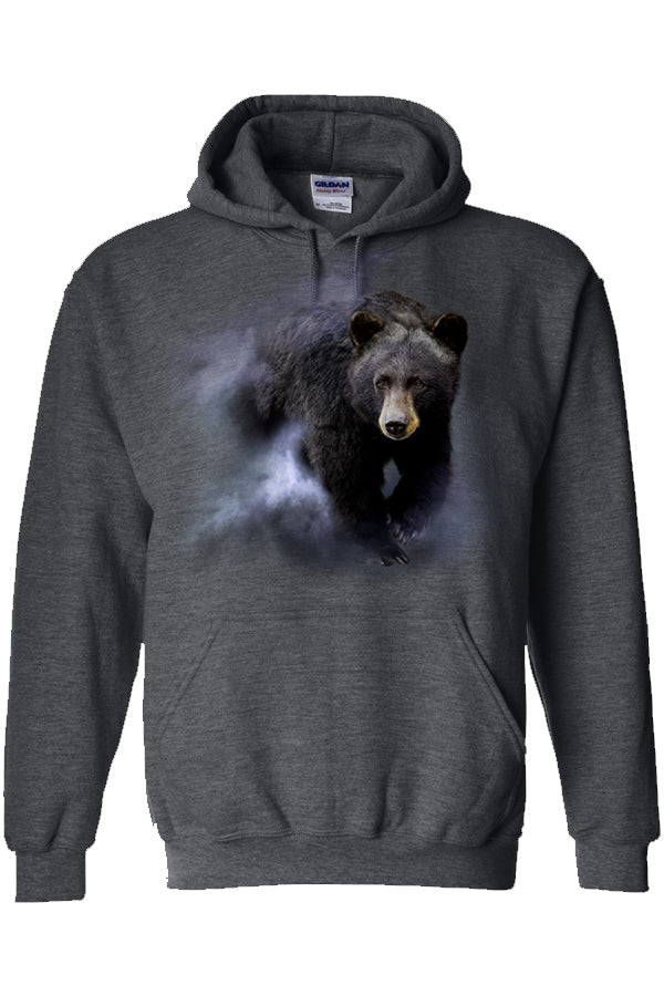 Black Bear in the Mist Hooded Sweatshirt - dark heather hooded sweatshirt with black bear art by artist Robert Campbell