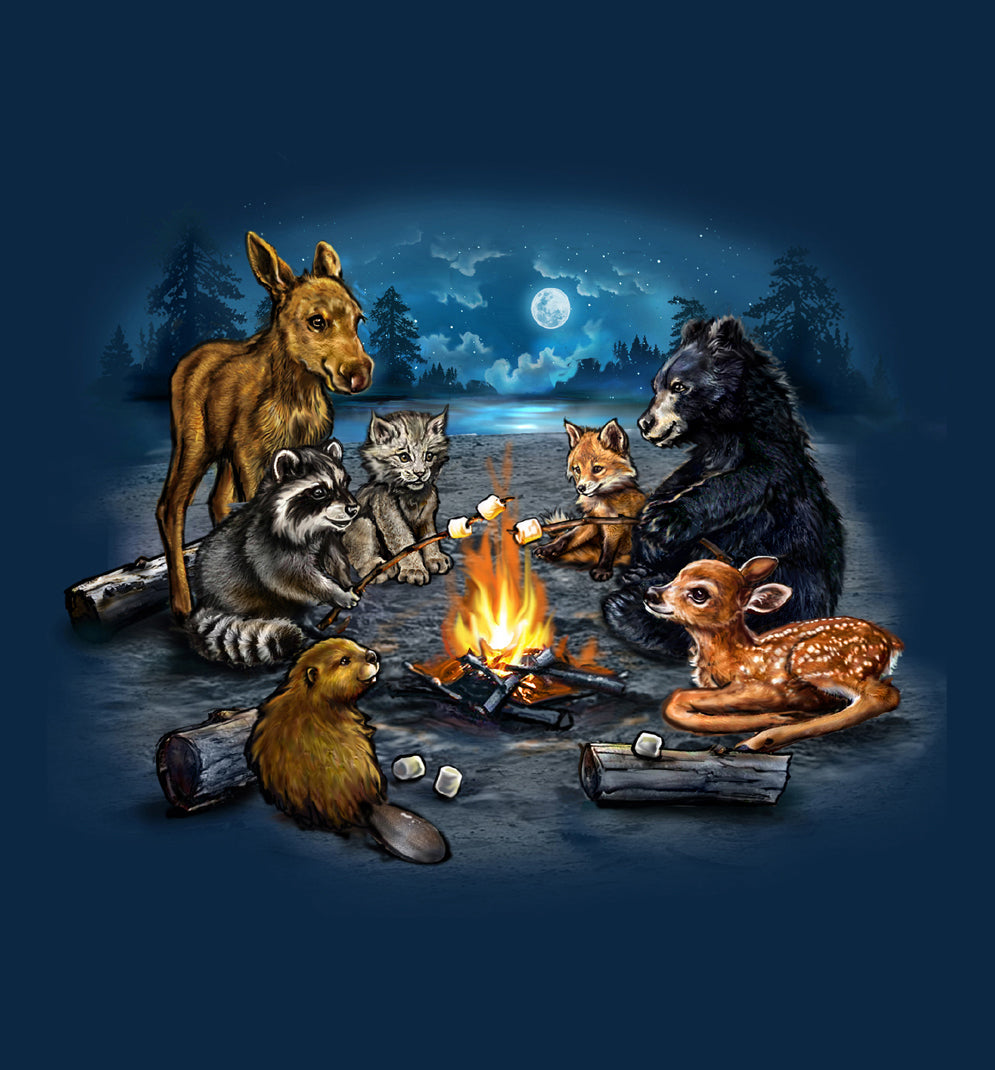 Campfire Critters by Tami Alba - Painting of baby animals toasting marshmallows around a campfire