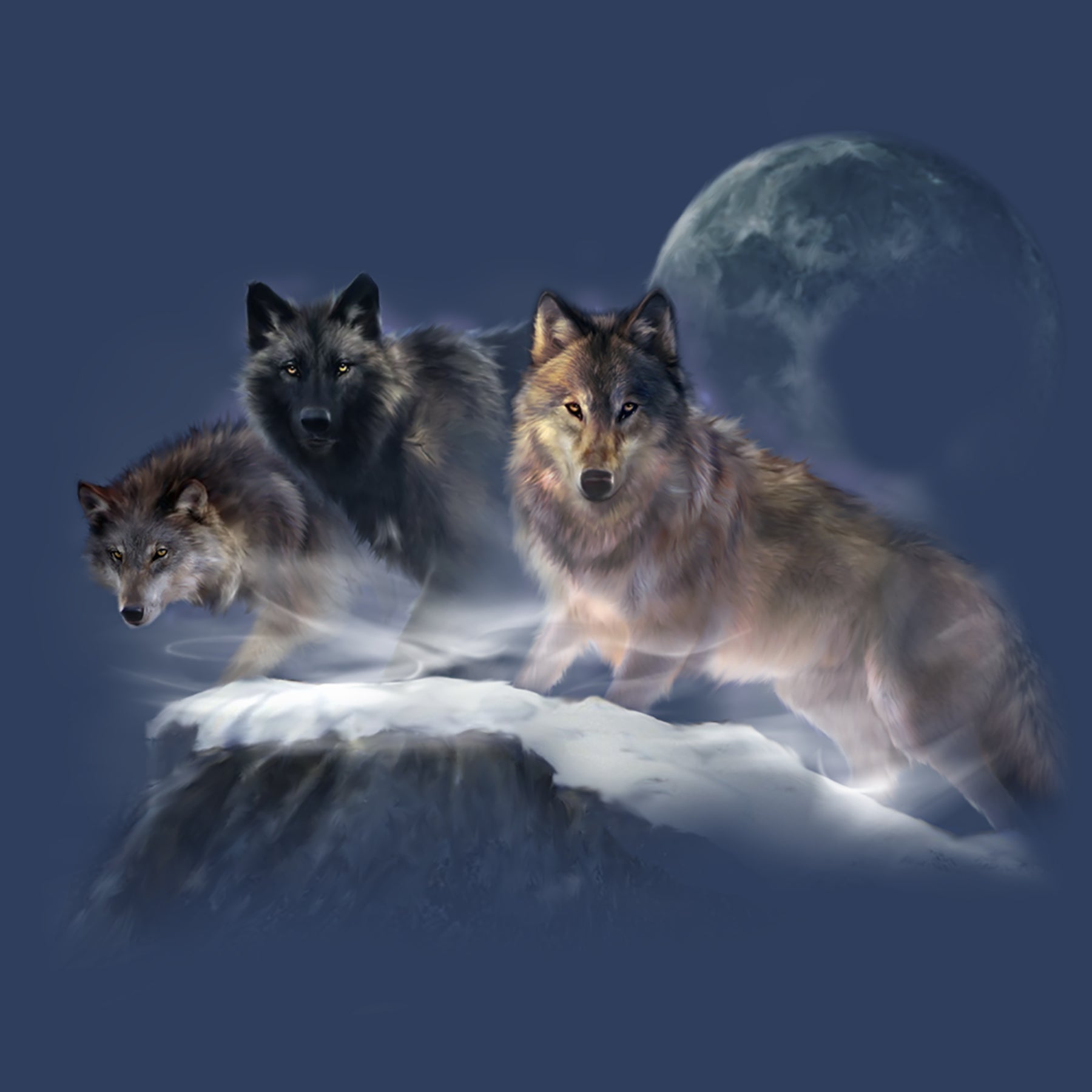 Cliffhangers by Robert Campbell - painting of  three wolves standing on a cliff with moon in background