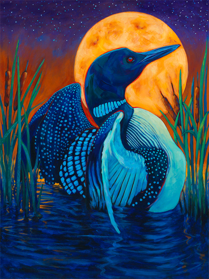 Full Moon Loon- painting of loon swimming in front of full moon
